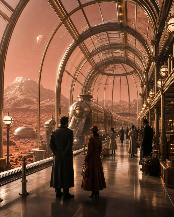 Cinematic sci-fi station on Mars with a transparent train platform, re