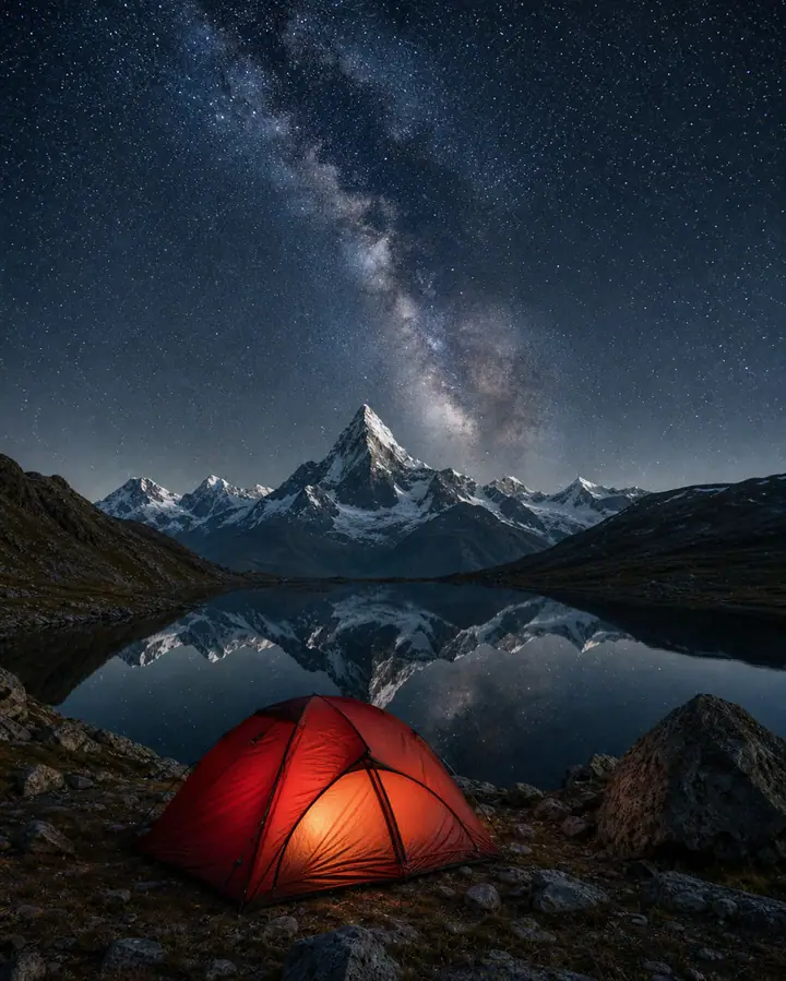 Alpine campsite under the Milky Way, tiny orange tent, cold blue mount