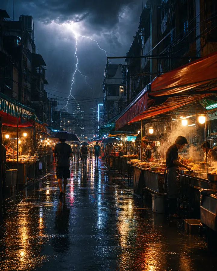 Neon night market in light rain with food steam, handheld camera push-