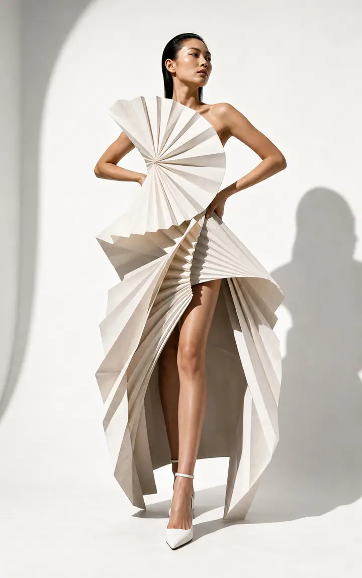 High-fashion editorial portrait with a sculptural white paper dress, s